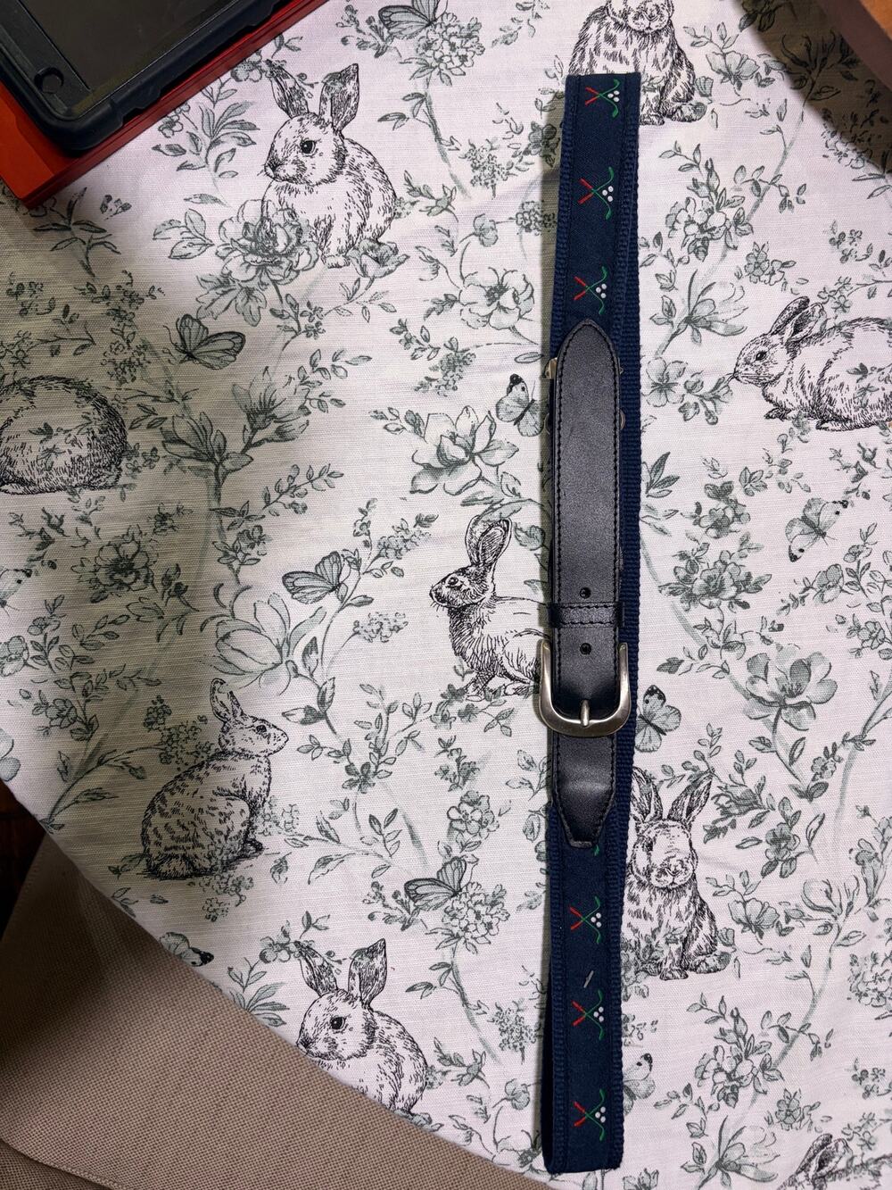 Mens belt w/canvas golf clubs in navy with black leather and silver buckle NEW